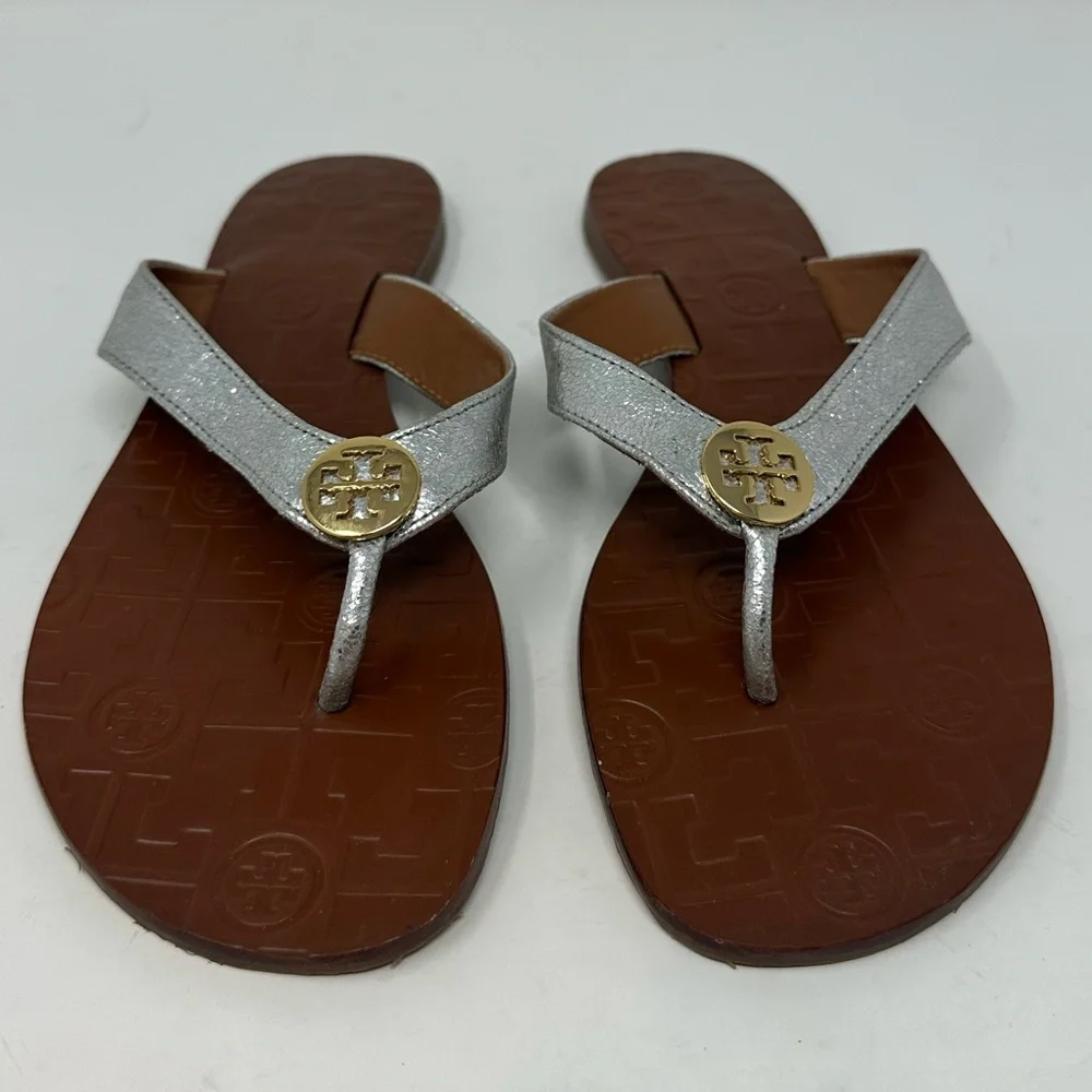Tory Burch Silver Leather Flip Flop Sandals with Brown Footbed